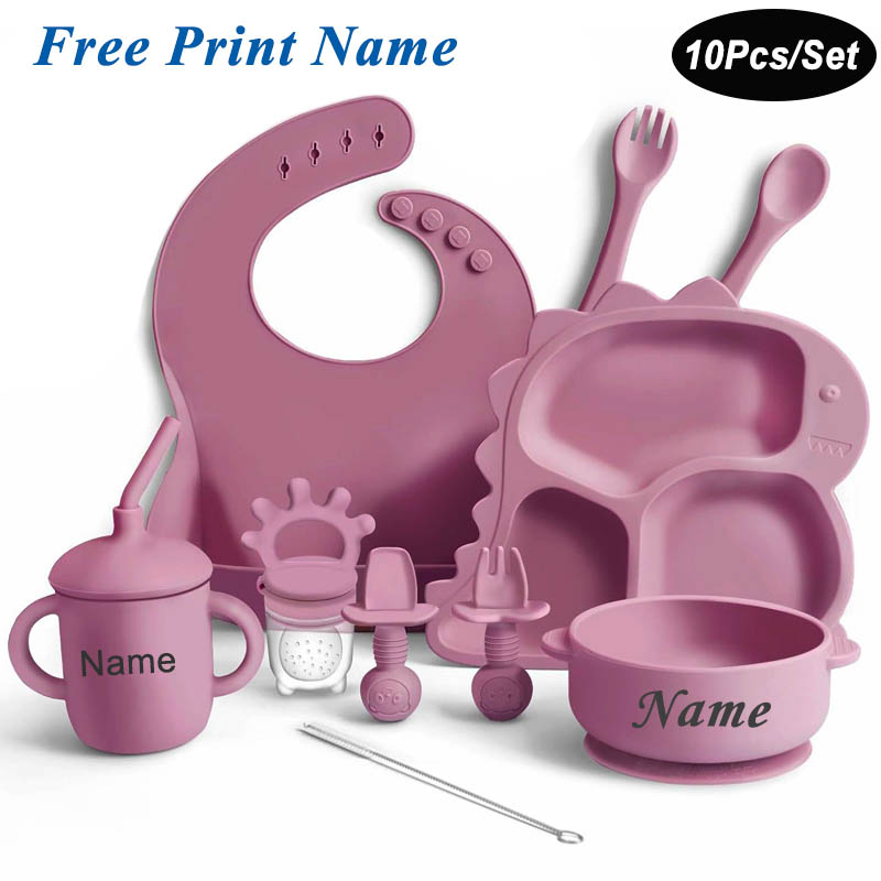 Baby Led Weaning Set - จานอาหารไดโนเสาร์สำหรับเด็กทำจากซิลิโคนชุดให้อาหารเด็กทารกป้ายชื่อส่วนบุคคลอุปกรณ์ป้อนผลไม้ไฟ LED อุปกรณ์หย่านมสำหรับเด็กทารก