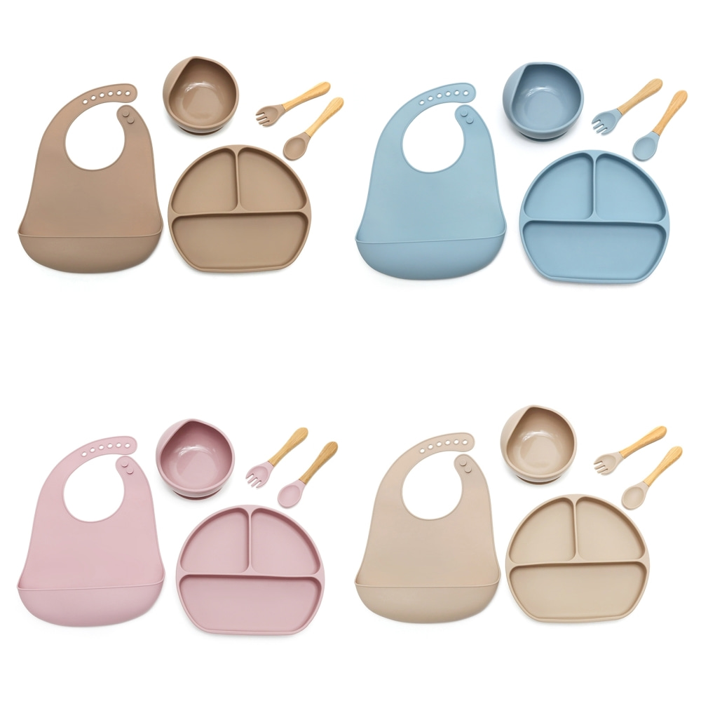 Baby Led Weaning Set - ชุดอาหารสำหรับเด็ก 5 ชิ้น, จานซิลิโคนพร้อมฐานดูด, ชาม, ช้อน,