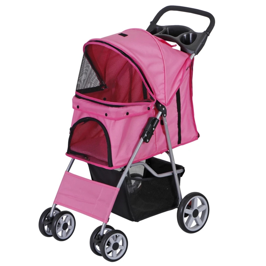 Stroller Accessories - รถเข็นสัตว์เลี้ยง 4 ล้อ พร้อมตะกร้าเก็บของและที่วางแก้ว รถเข็นสัตว์เลี้ยงแบบพับได้สำหรับสุนัขและแมว