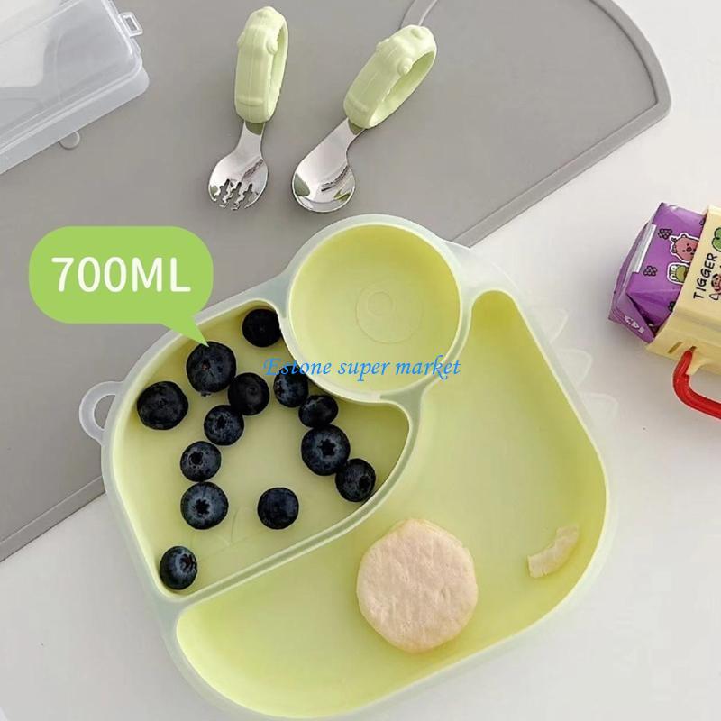 Baby Led Weaning Set - 090B ประกอบชุดรับประทานอาหารซิลิโคนสำหรับเด็กวัยหัดเดินด้วยแผ่นดูดพร้อมช้อนส้อมสำหรับทารก