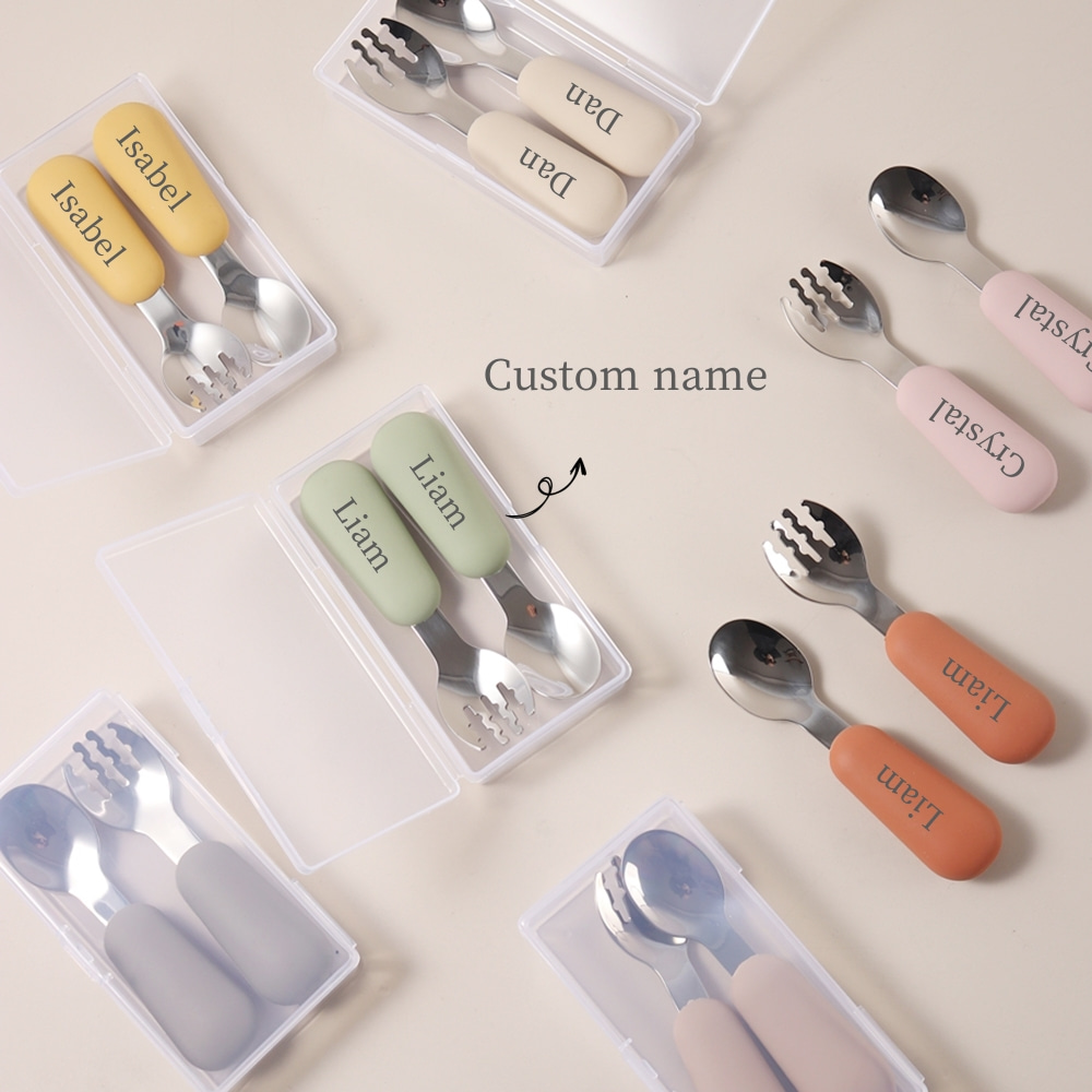 Baby Led Weaning Set - ชุดช้อนและส้อมสำหรับเด็กแบบปรับแต่งได้ ด้ามจับซิลิโคนและสแตนเลส 316 พร้อมกล่องเก็บของ สำหรับเด็กหัดทานอาหารด้วยตนเอง