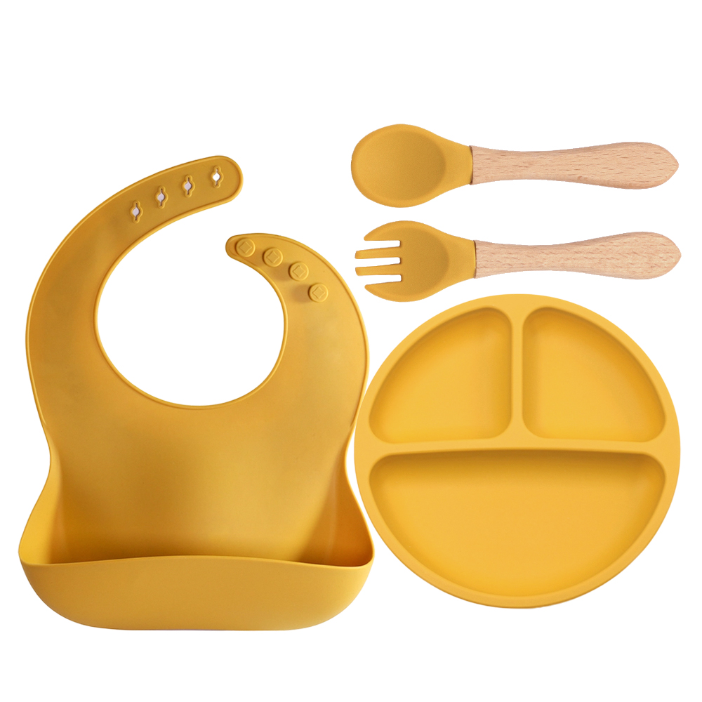 Baby Led Weaning Set - ชุดอาหารเด็กซิลิโคน 4 ชิ้น ชุดอาหารสำหรับฝึกทานอาหารด้วยตัวเอง ผ้ากันเปื้อน จาน